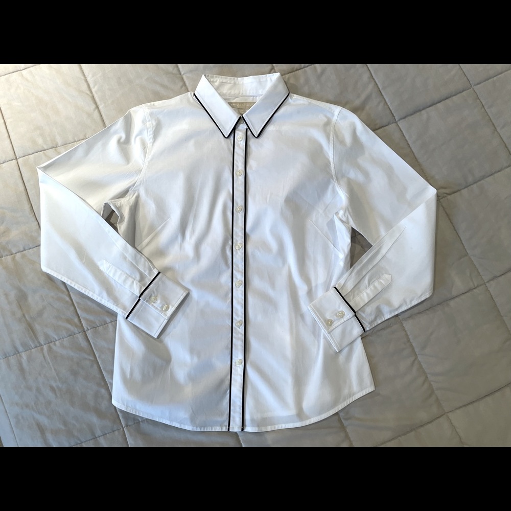 Banana Republic white blouse with black trim, size 12 petite